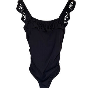 Gottex One Piece NWT Size 14 Ruffle Square Neck Black Romantic Embroidery